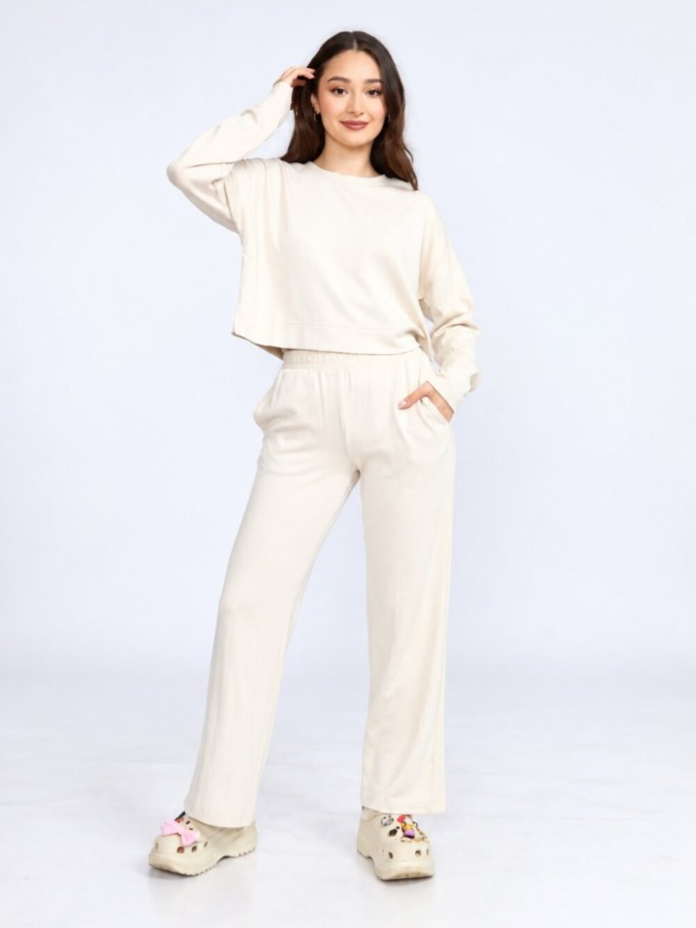 Women’s Beige Two-Piece Lounge Set, Soft Modal Blend Stretch Matching Set